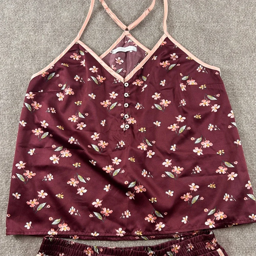 Abercrombie & Fitch Pajamas Womens S/M Burgundy Floral Satin‎ Cami Shorts Set